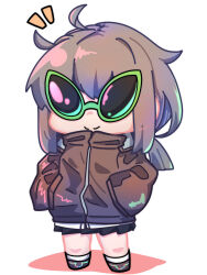 Rule 34 | 1girl, ahoge, alien sunglasses, brown jacket, chibi, closed mouth, collar, cup, girls&#039; frontline, hands in pockets, happy, hexaa, highres, holding, holding cup, jacket, m200 (girls&#039; frontline), miniskirt, pocket, ponytail, skirt, smile, solo