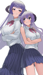 Rule 34 | 2girls, absurdres, aged up, alternate costume, back-to-back, blouse, blush, breasts, crossed arms, dress shirt, eua, hanyuu, highres, higurashi no naku koro ni, horns, in-franchise crossover, large breasts, long hair, long skirt, medium breasts, multiple girls, oici ne, purple eyes, purple hair, shirt, skirt, sleeveless, sleeveless shirt, smirk, smug, sweatdrop, very long hair, white background, white shirt