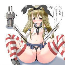 Rule 34 | &gt; &lt;, 10s, 1girl, black neckerchief, black panties, blonde hair, blush, breasts, brown eyes, cleft of venus, closed eyes, elbow gloves, gloves, groin, hair ribbon, highleg, highleg panties, kantai collection, navel, neckerchief, nipples, panties, panty lift, pussy, rensouhou-chan, ribbon, riku (rikkuru), self wedgie, shimakaze (kancolle), skirt, small breasts, solo, squiggle, striped clothes, striped thighhighs, thighhighs, torn clothes, translated, uncensored, underwear, wedgie