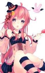 Rule 34 | 10s, 1girl, ahoge, alternate costume, bad id, bad pixiv id, bare shoulders, candy, chestnut mouth, crescent, crescent hair ornament, detached sleeves, dress, food, hair ornament, hair ribbon, halloween, halloween costume, hat, kantai collection, kneehighs, lollipop, long hair, looking at viewer, mini hat, mini witch hat, open mouth, pink eyes, pink hair, pinstripe pattern, ribbon, simple background, sitting, socks, solo, strapless, strapless dress, striped clothes, striped socks, uzuki (kancolle), watase (abe), white background, witch hat