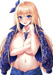 Rule 34 | 1girl, :d, @ @, absurdres, artist request, between breasts, blonde hair, blue eyes, blue jacket, blue shorts, blush, breasts, cleavage, commission, covering privates, covering breasts, detached collar, embarrassed, hair ribbon, hand up, highres, jacket, jacket on shoulders, large breasts, long hair, looking at viewer, navel, necktie, necktie between breasts, nose blush, open fly, open mouth, original, ribbon, second-party source, shorts, smile, solo, stomach, sweat, topless, upper body, very long hair