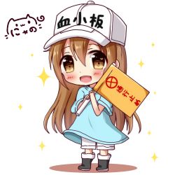 Rule 34 | 10s, 1girl, :d, black footwear, blue shirt, blush, boots, brown eyes, brown hair, character name, chibi, clothes writing, commentary request, flag, flat cap, hair between eyes, hat, hataraku saibou, head tilt, heart, heart in eye, highres, holding, holding flag, long hair, looking at viewer, nyano21, open mouth, platelet (hataraku saibou), shirt, short sleeves, shorts, signature, smile, solo, sparkle, standing, symbol in eye, very long hair, white background, white hat, white shorts