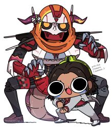 Rule 34 | 1boy, 1girl, apex legends, artist name, belt, black belt, black eyes, black sclera, bow, brown footwear, brown hair, cartoonized, clenched hands, colored sclera, commentary, conduit (apex legends), confused, cosplay, dark-skinned female, dark skin, dragon tail, english commentary, english text, grey footwear, grey jacket, grey pants, highres, hololive, horn bow, horn ornament, horns, jacket, kiryu coco, kiryu coco (1st costume), kiryu coco (cosplay), kiryu kazuma, kiryu kazuma (cosplay), looking at viewer, miyan (oceanmaiden), orange eyes, pants, red shirt, red skirt, revenant (apex legends), ryuu ga gotoku (series), shirt, skirt, smile, striped bow, tail, toon (style), virtual youtuber, white background