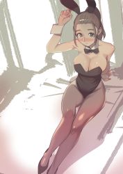 Rule 34 | 1girl, animal ears, arm behind back, black footwear, black leotard, blush, breasts, brown eyes, brown hair, brown pantyhose, cleavage, closed mouth, detached collar, dytm, fake animal ears, forehead, full body, high heels, highres, large breasts, legs together, leotard, looking at viewer, original, pantyhose, playboy bunny, ponytail, pool monitor part-timer (dytm), rabbit ears, sidelocks, sitting, strapless, strapless leotard, thighs, veins, wrist cuffs