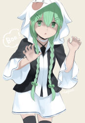 Rule 34 | 1girl, black thighhighs, braid, chagen kokimu, cowboy shot, ghost costume, green eyes, green hair, grey background, hair between eyes, halloween, halloween costume, highres, kantai collection, long hair, looking at viewer, open mouth, signature, simple background, sleeves past elbows, solo, thighhighs, twin braids, yamakaze (kancolle), yamakaze kai ni (kancolle)