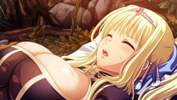 Rule 34 | 10s, 1girl, blonde hair, blush, breasts, cleavage, closed eyes, forest, game cg, hair ornament, huge breasts, isis petrovna ellenskaia, kyonyuu fantasy, leaf, long hair, lying, nature, open mouth, solo, sweat