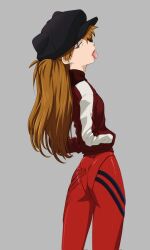 Rule 34 | 1girl, adjusting clothes, amondetauro, ass, blue eyes, bodysuit, bodysuit under clothes, brown hair, evangelion: 3.0 you can (not) redo, eyepatch, hands in pockets, hat, hat ornament, highres, jacket, long hair, looking at viewer, looking back, neon genesis evangelion, plugsuit, rebuild of evangelion, red bodysuit, red jacket, shiny clothes, solo, souryuu asuka langley, thighs, tongue, tongue out, tsundere, wide hips