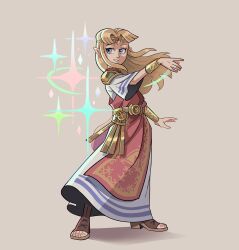 Rule 34 | 1girl, absurdres, blonde hair, blue eyes, breasts, commentary, dress, earrings, english commentary, full body, gown, highres, jewelry, long hair, looking at viewer, matthieu cousin, medium breasts, nintendo, pointy ears, princess zelda, smile, solo, super smash bros., the legend of zelda, the legend of zelda: a link between worlds