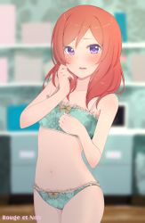 Rule 34 | 10s, 1girl, blush, french text, lingerie, looking at viewer, love live!, love live! school idol project, mashimaru (muzikluva), navel, nishikino maki, open mouth, panties, purple eyes, red hair, revision, short hair, solo, underwear, underwear only