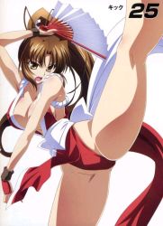 Rule 34 | 1girl, breasts, brown eyes, brown hair, cameltoe, cleavage, fatal fury, folding fan, hand fan, high kick, highres, izumi mahiru, japanese clothes, kicking, large breasts, legs, long hair, ninja, panties, pelvic curtain, ponytail, queen&#039;s blade, queen&#039;s gate, red panties, revealing clothes, shiranui mai, snk, solo, the king of fighters, thighs, underwear
