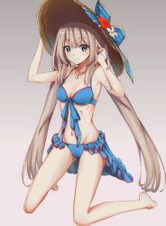 Rule 34 | 1girl, barefoot, bikini, blue bikini, blue eyes, bow, breasts, cleavage, fate/grand order, fate (series), flower, full body, grey background, groin, hat, hat bow, hat flower, jewelry, kneeling, marie antoinette (fate), marie antoinette (swimsuit caster) (third ascension) (fate), medium breasts, navel, necklace, red flower, shiny skin, smile, solo, striped, striped bow, swimsuit, white flower