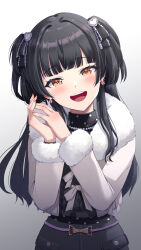 Rule 34 | 1girl, absurdres, black hair, blunt bangs, blush, earrings, fur-trimmed jacket, fur trim, gradient background, hair intakes, hair ornament, heart, heart hair ornament, highres, idolmaster, idolmaster shiny colors, jacket, jewelry, long hair, looking at viewer, mayuzumi fuyuko, necklace, own hands together, pearl necklace, pink nails, round teeth, shirt tucked in, solo, teeth, two side up, upper teeth only, yellow eyes, yeogpu (seung832222)