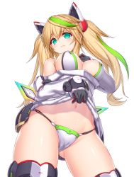 Rule 34 | 1girl, absurdres, animal ears, aqua eyes, asamura hiori, bikini, blonde hair, blue eyes, blush, breasts, closed mouth, clothes lift, from below, gene (pso2), green hair, hand up, headgear, highres, large breasts, lifted by self, multicolored hair, navel, phantasy star, phantasy star online 2, ribbed sweater, simple background, solo, streaked hair, sweater, sweater lift, swimsuit, thighhighs, thighs, twintails, white background, white bikini