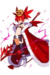 Rule 34 | 1girl, cape, choker, crown, demon girl, demon tail, demon wings, disgaea, disgaea rpg, earrings, elbow gloves, elder spear, etna (disgaea), flat chest, gloves, hair between eyes, holding, holding weapon, jewelry, looking at viewer, mini wings, navel, o-ring, o-ring choker, official art, pointy ears, red eyes, red hair, red tail, red wings, skirt, skull earrings, smile, solo, tail, thighhighs, transparent background, twintails, weapon, wings
