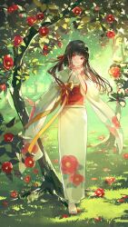 Rule 34 | 1girl, absurdres, barefoot, black hair, blunt bangs, colored inner hair, commentary request, feet, forest, grass, hair ribbon, highres, japanese clothes, kimono, light blush, long hair, long sleeves, mole, mole under mouth, multicolored hair, nail polish, nature, obi, obiage, obijime, original, outdoors, red eyes, red hair, red nails, red ribbon, ribbon, sash, scenery, solo, toenail polish, toenails, toes, toumin (onemunemu99), two-tone hair, white kimono, wide sleeves