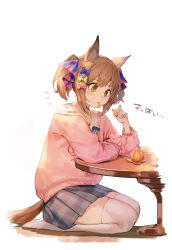 Rule 34 | 1girl, absurdres, animal ears, blush, bow, brown eyes, brown hair, character request, eating, food, fruit, full body, grey skirt, hair bow, highres, holding, holding food, horse ears, horse girl, horse tail, long sleeves, mandarin orange, miniskirt, mooofoo, mouth hold, no shoes, pink sweater, plaid, plaid skirt, pleated skirt, purple bow, red bow, seiza, short hair, short twintails, sidelocks, simple background, sitting, skirt, smart falcon (umamusume), solo, sweater, table, tail, thighhighs, translated, twintails, umamusume, white background, white thighhighs, yellow bow, zettai ryouiki
