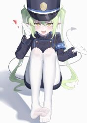 Rule 34 | 1girl, absurdres, armband, black hat, black jacket, black shorts, blue archive, blue armband, blush, buttons, commentary request, crane666, demon tail, double-breasted, fang, feet, full body, gloves, green hair, hat, heart, highres, jacket, knees up, long hair, long sleeves, looking at viewer, no shoes, nozomi (blue archive), open mouth, pantyhose, peaked cap, pointy ears, short shorts, shorts, simple background, sitting, skin fang, smile, soles, solo, tail, toes, twintails, white background, white gloves, white pantyhose, yellow eyes
