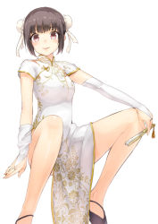 Rule 34 | 1girl, black hair, bridal gauntlets, brown eyes, bun cover, china dress, chinese clothes, double bun, dress, female focus, folded fan, folding fan, hair bun, hair ornament, hand fan, holding, looking at viewer, maeda risou, no socks, original, simple background, smile, solo, white background