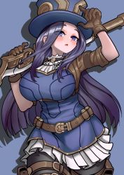 Rule 34 | 1girl, arcane: league of legends, bad id, bad pixiv id, belt, blue eyes, blush, breasts, brown belt, brown gloves, brown pants, caitlyn (league of legends), commentary, cowboy shot, gloves, gun, hat, highres, large breasts, league of legends, long hair, looking at viewer, open mouth, over shoulder, pants, rifle, short sleeves, smile, sniper rifle, solo, weapon, weapon over shoulder, zepaloc