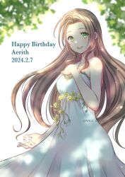 Rule 34 | 1girl, aerith gainsborough, aerith gainsborough (white floral dress), brown hair, commentary request, dress, english text, eyelashes, final fantasy, final fantasy vii, final fantasy vii remake, flower, green eyes, hand on own chest, happy birthday, highres, leaf, long dress, long hair, nalu, open mouth, parted bangs, sidelocks, smile, solo, tree, twitter username, white dress, yellow flower