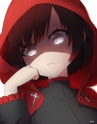 Rule 34 | 1girl, 2023, 20s, ar jart, artist name, black dress, black hair, clenched hand, close-up, closed mouth, dress, glaring, gradient hair, grey eyes, hand on own chin, hood, hood up, looking at viewer, multicolored hair, red hair, ruby rose, rwby, shaded face, shadow, short hair, solo, white background