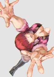 Rule 34 | 1girl, boots, breasts, cleavage, cleavage cutout, clothing cutout, cropped jacket, from above, hair over eyes, hands up, highres, looking up, open mouth, otsudou, perspective, shermie (kof), simple background, solo, the king of fighters, the king of fighters xv