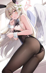 Rule 34 | 1girl, angel wings, animal ears, ass, bare shoulders, black bow, black bowtie, black leotard, black pantyhose, blue archive, blush, bow, bowtie, breasts, commentary request, cup, detached collar, fake animal ears, fake tail, feathered wings, feet out of frame, floating hair, flower, hair between eyes, hair flower, hair ornament, halo, hand up, highres, holding, holding cup, konka, leaning forward, leotard, light brown hair, long hair, looking at viewer, medium breasts, nagisa (blue archive), pantyhose, parted lips, pink halo, playboy bunny, rabbit ears, rabbit tail, solo, standing, strapless, strapless leotard, tail, teacup, very long hair, white flower, white wings, white wrist cuffs, wings, wrist cuffs, yellow eyes