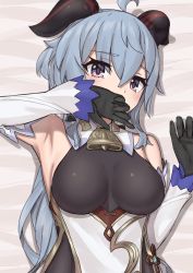 Rule 34 | ahoge, armpits, bed, bell, black gloves, blue hair, blush, breasts, detached sleeves, elfenlied22, ganyu (genshin impact), genshin impact, gloves, gold trim, hand on own face, highres, horns, long hair, looking at viewer, lying, medium breasts, neck bell, on back, paid reward available, purple eyes, solo, vision (genshin impact), white sleeves