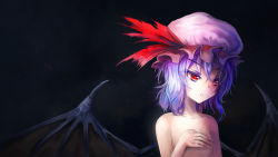 Rule 34 | 1girl, bare arms, bare shoulders, bat wings, black background, closed mouth, collarbone, commentary request, covering breasts, covering privates, elrem, expressionless, fang, fingernails, flat chest, hair between eyes, half-closed eyes, hand up, hat, hat ribbon, highres, light purple hair, long fingernails, looking away, mob cap, pink hat, red eyes, red ribbon, remilia scarlet, ribbon, sharp fingernails, short hair, solo, touhou, upper body, wings