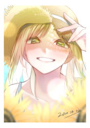 Rule 34 | 1girl, absurdres, blonde hair, blurry, commentary, depth of field, dress, flower, green eyes, grin, hat, highres, long hair, looking at viewer, original, portrait, rinku (rin9), shaded face, smile, solo, straw hat, sundress, sunflower