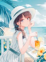 Rule 34 | 1girl, beach, black hair, blue eyes, closed mouth, cup, day, dress, drink, drinking glass, drinking straw, earrings, fingernails, flower, food, fruit, green nails, hat, highres, hiten (hitenkei), ice, jewelry, lemon, lemon slice, long hair, looking at viewer, nail polish, ocean, orange flower, original, outdoors, palm leaf, short sleeves, solo, striped clothes, striped dress, sun hat, vertical-striped clothes, vertical-striped dress, white dress, white hat