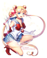 Rule 34 | 1990s (style), 1girl, artist name, bishoujo senshi sailor moon, bishoujo senshi sailor moon (first season), bishoujo senshi sailor moon r, blonde hair, blue eyes, blue sailor collar, blue skirt, boots, bow, brooch, choker, collarbone, covered navel, cutie moon rod, double bun, earrings, elbow gloves, full body, gloves, hair bun, hair ornament, hairpin, heart, hobak, jewelry, knee boots, long hair, magical girl, on one knee, red bow, retro artstyle, ribbon, sailor collar, sailor moon, skirt, smile, solo, star (symbol), tiara, tsukino usagi, twintails, very long hair, wand, watermark, web address, white background, white gloves