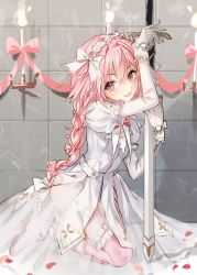 Rule 34 | 1boy, almic, astolfo (fate), braid, bridal gauntlets, bride, commentary request, crossdressing, dress, elbow gloves, fate/apocrypha, fate/grand order, fate (series), frills, garter straps, gloves, hair between eyes, hair intakes, kneeling, long braid, long hair, male bride, male focus, multicolored hair, pink hair, single braid, solo, sword, thighhighs, trap, weapon, wedding dress, white dress