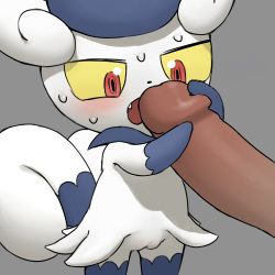Rule 34 | 1girl, animal ears, arms up, blush, colored sclera, creatures (company), disembodied penis, erection, fang, fellatio, furry, furry female, game freak, gen 6 pokemon, grey background, handjob, highres, looking down, meowstic, meowstic (female), multiple tails, nintendo, open mouth, oral, penis, pokemon, pokemon (creature), pussy, red eyes, simple background, solo, standing, sweat, tail, two tails, uncensored, yellow sclera, youjo modoki