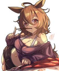 Rule 34 | 1girl, absurdres, agnes tachyon (umamusume), ahoge, animal ears, black shorts, breasts, brown eyes, brown hair, cleavage, ear ornament, food, food in mouth, highres, horse ears, horse girl, horse tail, looking at viewer, lying, medium breasts, messy hair, navel, off-shoulder shirt, off shoulder, on side, pocky, pocky day, pocky in mouth, purple shirt, shirt, short shorts, shorts, simple background, sleeves past wrists, solo, tail, umamusume, white background, woruta (soloistlist)