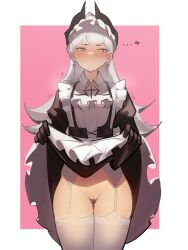 Rule 34 | 1girl, absurdres, alternate costume, apron, arknights, averting eyes, black dress, black gloves, cleft of venus, clothes lift, commission, cowboy shot, distr, dress, dress lift, enmaided, garter straps, gloves, grey eyes, grey hair, head wings, heart, highres, irene (arknights), irene (voyage of feathers) (arknights), lifted by self, long hair, long sleeves, maid, maid apron, maid headdress, no panties, official alternate costume, pussy, simple background, skirt, skirt hold, skirt lift, solo, standing, thighhighs, white apron, white thighhighs, wings