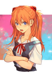 Rule 34 | 1girl, blue eyes, border, breasts, crossed arms, hair ornament, hungry clicker, interface headset, long hair, looking at viewer, neon genesis evangelion, open mouth, orange hair, school uniform, short sleeves, skirt, solo, souryuu asuka langley, suspender skirt, suspenders, tokyo-3 middle school uniform, tsundere, very long hair, white border