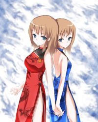 Rule 34 | 2girls, back-to-back, backless outfit, bare back, blue eyes, brown hair, china dress, chinese clothes, dress, holding hands, multiple girls, original, shima-shuu, side slit, yuri