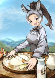 Rule 34 | 1girl, :d, animal ears, apron, bad id, bad twitter id, blouse, bottle, bow, bowtie, brown eyes, brown hair, collared shirt, day, donkey (kemono friends), donkey ears, dress, dress shirt, extra ears, fingernails, flour, food, grey apron, grey hair, high ponytail, kemono friends, kemono friends 2, long hair, long sleeves, looking at viewer, milk, milk bottle, multicolored hair, open mouth, outdoors, outstretched hand, render hatch, rolling pin, shirt, smile, solo, upper body, white hair, white shirt, wing collar