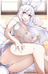 Rule 34 | 1girl, animal ear fluff, animal ears, azur lane, bare legs, blue eyes, blue shorts, breasts, cleavage, cracker, dated commentary, food, food in mouth, fox ears, fox tail, hair ornament, highres, large breasts, long hair, lying, on side, pillow, samip, shinano (azur lane), short shorts, shorts, sideways glance, solo, strap slip, tail, tank top, tatami, thighs, very long hair, white hair, white tank top, window