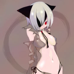 Rule 34 | 1girl, albino, animal ears, breasts, cat ears, detached sleeves, eyepatch, jewelry, medium breasts, midriff, necklace, open clothes, open shirt, red eyes, saibashi, shirt, short hair, solo, underboob, white hair