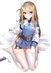 Rule 34 | 1girl, belt, blue eyes, blue hairband, blue jacket, blush, breasts, commentary request, condom, condom wrapper, girls&#039; frontline, gloves, hair between eyes, hair ornament, hairband, highres, jacket, light brown hair, long sleeves, looking at viewer, medium breasts, panties, pre (preecho), seiza, sidelocks, simple background, sitting, skindentation, skirt, snowflake hair ornament, solo, striped clothes, striped skirt, suomi (girls&#039; frontline), thighhighs, torn clothes, underwear, used condom, vertical-striped clothes, vertical-striped skirt, white background, white gloves, white thighhighs