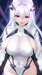 Rule 34 | 1girl, azur lane, black gloves, breasts, cable, commentary request, covered navel, cowboy shot, empty eyes, gloves, groin, hair between eyes, headgear, highleg, highleg leotard, highres, irori (irorixc), jacket, kearsarge (azur lane), large breasts, leotard, light blush, long hair, long sleeves, looking at viewer, mind control, open mouth, purple eyes, shrug (clothing), sideboob, sidelocks, solo, sparks, standing, taut leotard, twitter username, very long hair, white hair, white jacket, white leotard