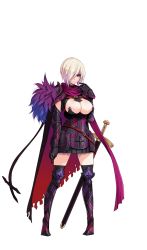Rule 34 | 1girl, armor, belt, blue eyes, blush, breasts, cape, cleavage, full body, game cg, hair over one eye, impossible clothes, jeanne la sorci&egrave;re, large breasts, legs, looking at viewer, sagara riri, serious, sheath, short hair, shoulder pads, simple background, solo, standing, sword, thighhighs, thighs, tokeidai no jeanne: jeanne &agrave; la tour d&#039;horloge, weapon, white background, white hair
