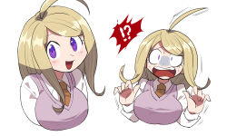 Rule 34 | !?, 1girl, :d, ahoge, akamatsu kaede, blonde hair, blush, breasts, collared shirt, commentary request, danganronpa (series), danganronpa v3: killing harmony, expressions, fortissimo, furukawa (yomawari), hair ornament, hands up, highres, large breasts, long hair, long sleeves, looking at viewer, musical note, musical note hair ornament, necktie, open mouth, school uniform, shirt, simple background, smile, surprised, sweater vest, teeth, upper body, white background, white shirt
