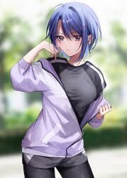 Rule 34 | 1girl, akira (jitsuimo), blue hair, blurry, blurry background, blush, brown eyes, chigusa minori, closed mouth, day, highres, jacket, jitsu wa imouto deshita., looking at viewer, novel illustration, official art, open clothes, open jacket, outdoors, second-party source, shirt, short hair, short shorts, shorts, sky, solo, standing, sweat, t-shirt, tree