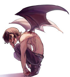 Rule 34 | 1boy, black eyes, black hair, blood, blood from mouth, demon, demon boy, demon wings, devilman, eyebrows, fangs, fudou akira, hand on own face, male focus, shinonoko (tubamecider), topless male, short hair, sideburns, simple background, smile, solo, squatting, wings