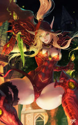 Rule 34 | 1girl, 21yc (september breeze), armor, artist name, blonde hair, blood elf (warcraft), boots, breasts, cape, covered navel, cowboy shot, crotch, dagger, dual wielding, elf, gauntlets, glowing, glowing eyes, greaves, green eyes, highres, holding, hood, knife, large breasts, leotard, lips, long hair, nose, parted lips, pointy ears, ponytail, signature, smile, solo, spread legs, thighs, valeera sanguinar, view between legs, warcraft, weapon, world of warcraft