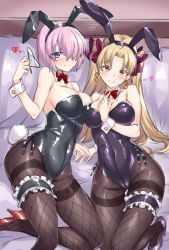 Rule 34 | 2girls, alternate costume, animal ears, bare shoulders, black leotard, blonde hair, blush, bow, bowtie, breasts, bridal garter, cleavage, collarbone, covered navel, detached collar, earrings, ereshkigal (fate), unworn eyewear, fake animal ears, fate/grand order, fate (series), fishnet pantyhose, fishnets, glasses, hair bow, hair over one eye, heart, high heels, hip focus, infinity symbol, jewelry, large breasts, legs, leotard, light purple hair, long hair, looking at viewer, lying, mash kyrielight, medium breasts, multiple girls, on bed, pantyhose, parted bangs, pillow, playboy bunny, purple eyes, rabbit ears, rabbit tail, red bow, red eyes, shirokuma a, short hair, smile, strapless, strapless leotard, tail, thighband pantyhose, thighs, tohsaka rin, two side up, wrist cuffs