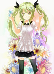 Rule 34 | 1girl, absurdres, arms up, female focus, flower, gradient background, green eyes, green hair, hair flower, hair ornament, hatsune miku, highres, long hair, matching hair/eyes, mimike, plant, solo, thighhighs, twintails, very long hair, vocaloid, white background
